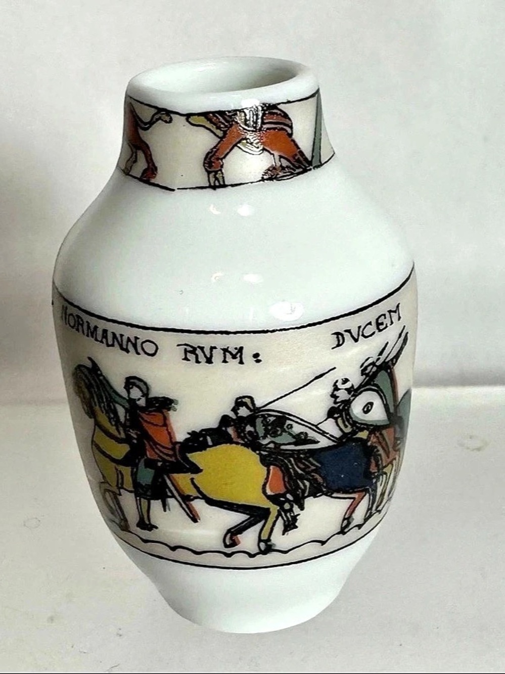 Vintage Limoges Porcelain Vase 2” Miniature Scene From Bayeux Tapestry